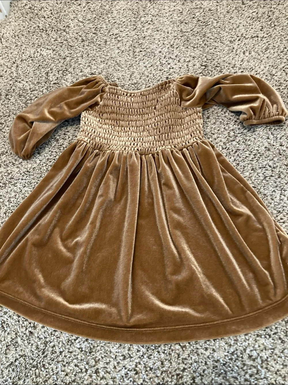 Girls Velvet Smocked Puff Sleeve Dress - Brown